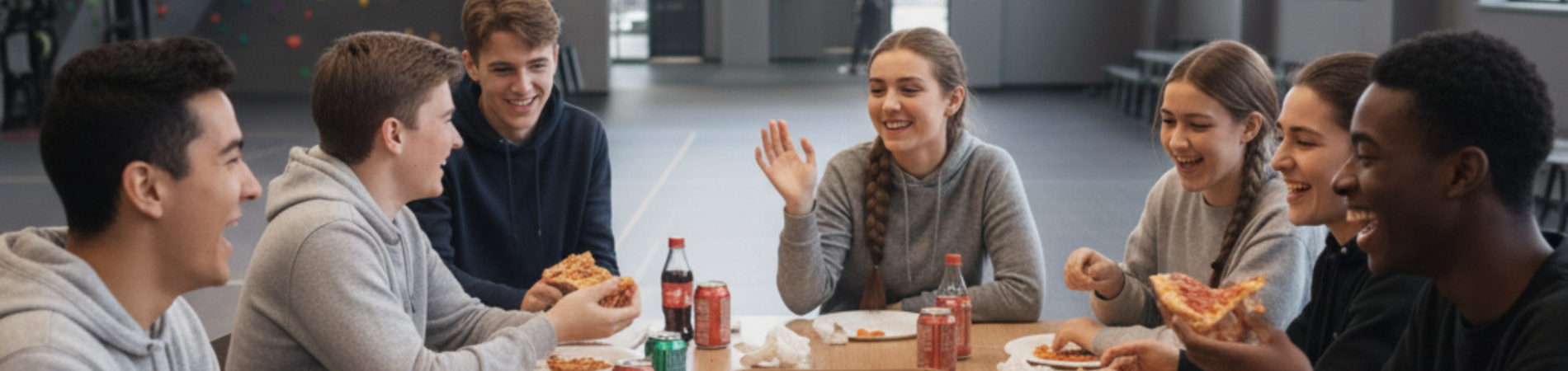 Group of friends smiling and eating pizza at a table indoors.
