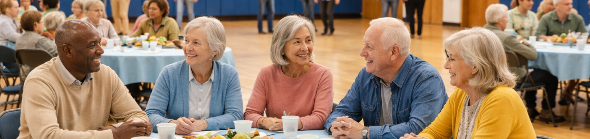 Seniors seated around a table, smiling and chatting in a community hall.