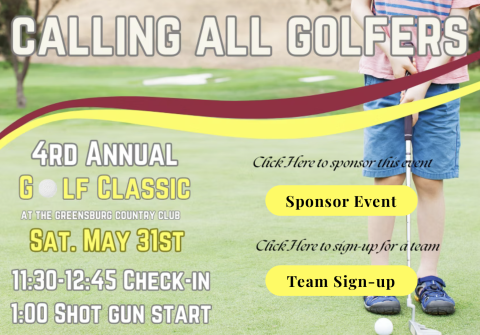 Golf event flyer with boy holding club and golf ball on green.