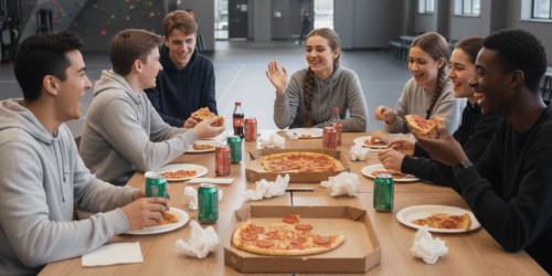 Group of friends smiling and eating pizza at a table indoors.