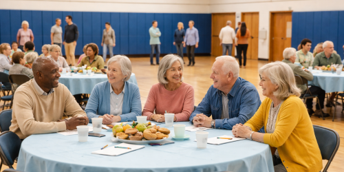 Seniors seated around a table, smiling and chatting in a community hall.