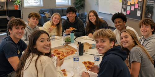 Group of young people smiling, sharing pizza around a table indoors.